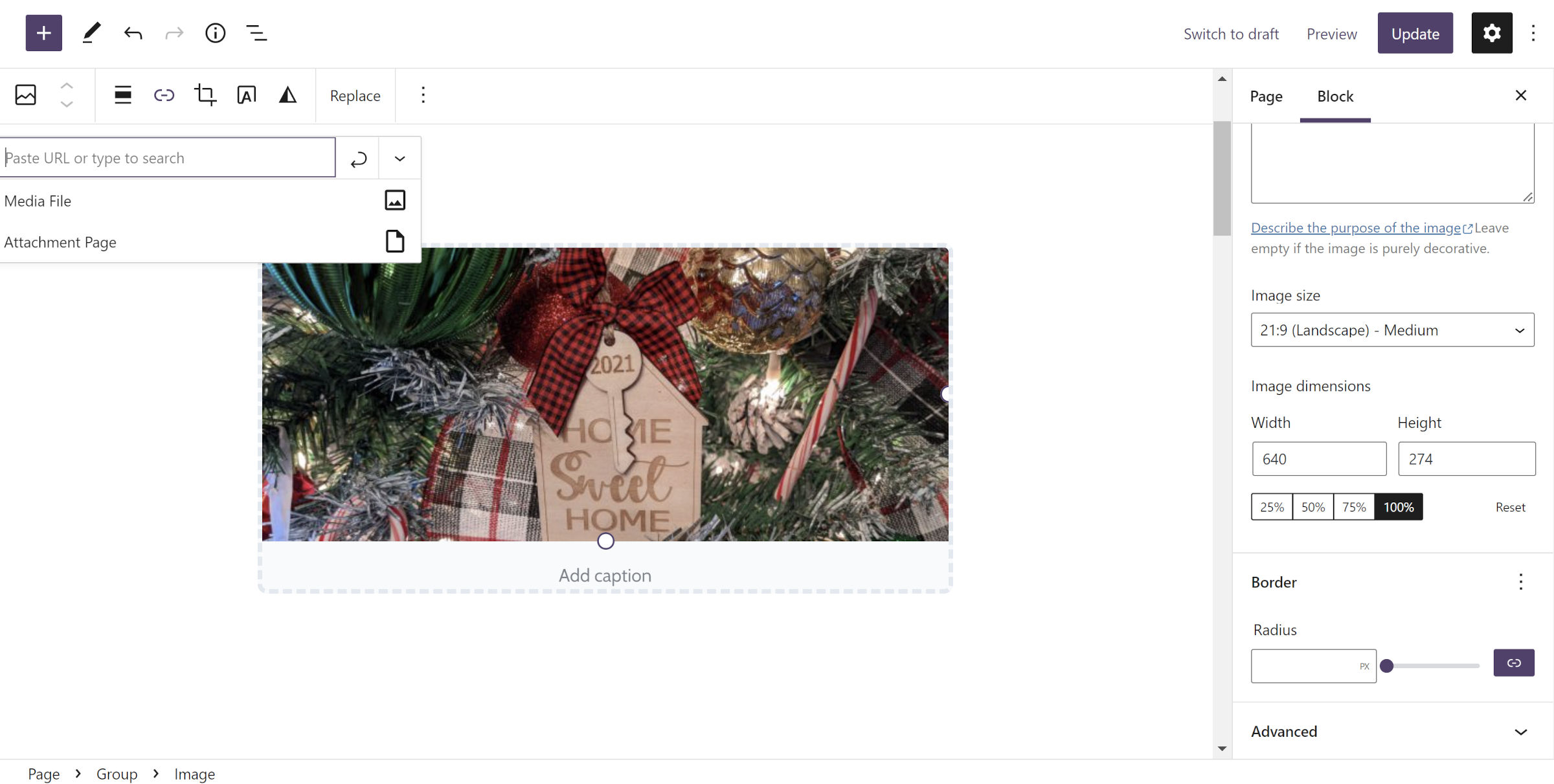WordPress post editor with an image housed inside of a Group block with a gray border and background.