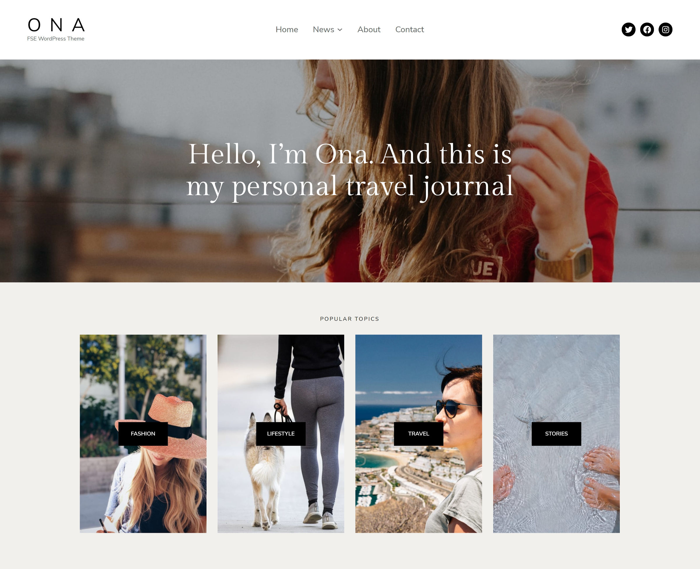 Homepage design of the Ona WordPress theme, featuring a large hero area that stretches across the top of the page, followed by four columns of boxes with background images.