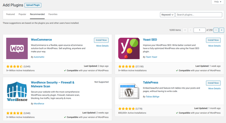 Check out recommended, featured, or available WordPress.com plug-ins, search using your own custom terms, or see ones you've favorited at the plug-ins page.