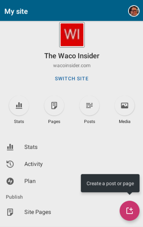 The WordPress.com mobile app lets users check website stats, review and create pages and posts, and access the media library.