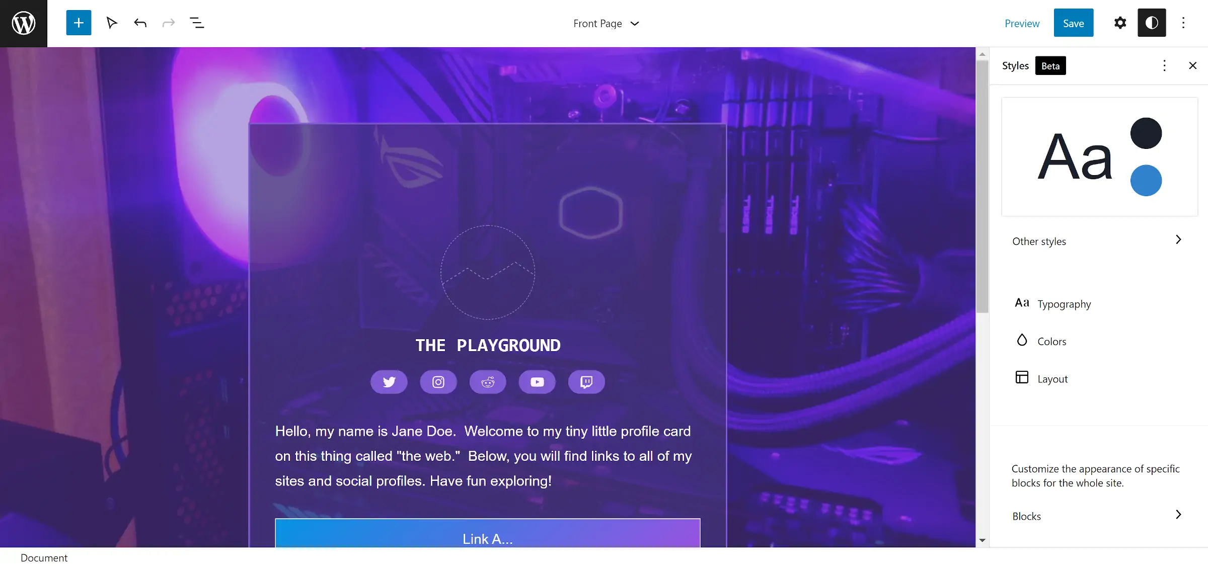 WordPress site editor showing the front page of a site that is designed with purple color scheme.  On the right the global styles interface is open.