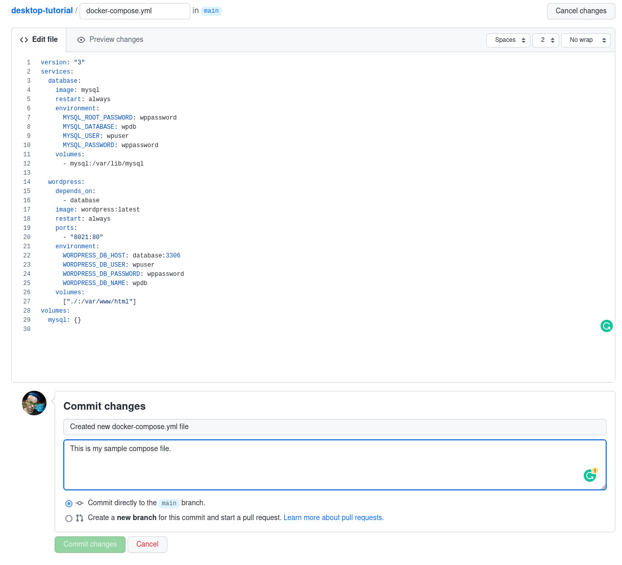 Adding our sample WordPress compose file in GitHub.